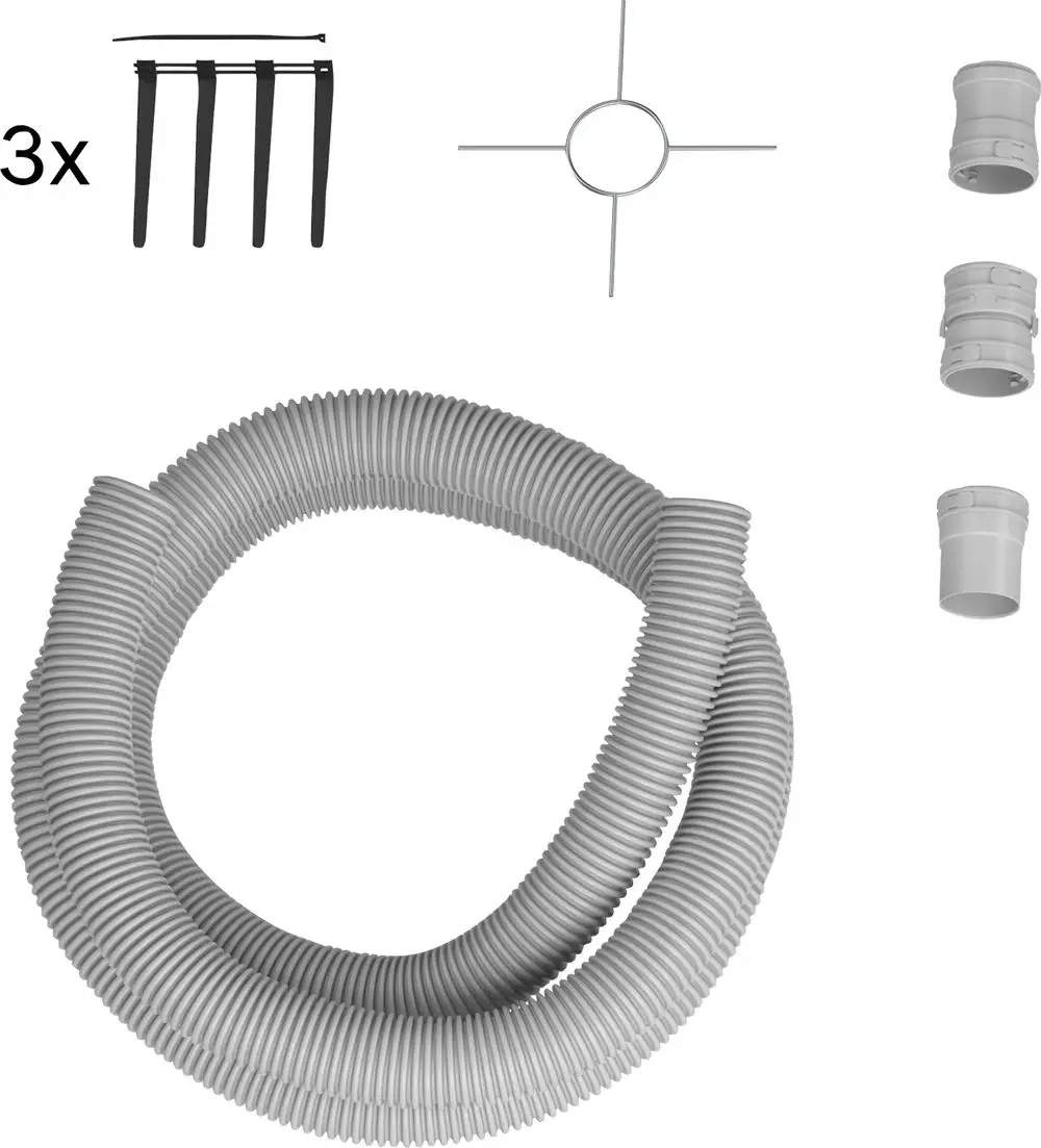 Flexibles Abgasrohr von Bosch, mit einem Umfang von 60 mm und einer Länge von 5 m, ergänzt durch Zubehörteile wie Halterungen und Verbinder.